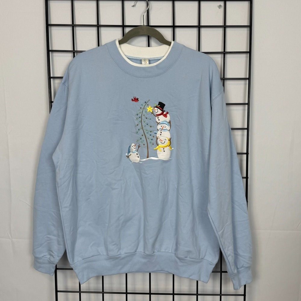Vintage Morning Sun Pullover Sweatshirt Womens XL Blue‎ Snowmen Holiday Winter